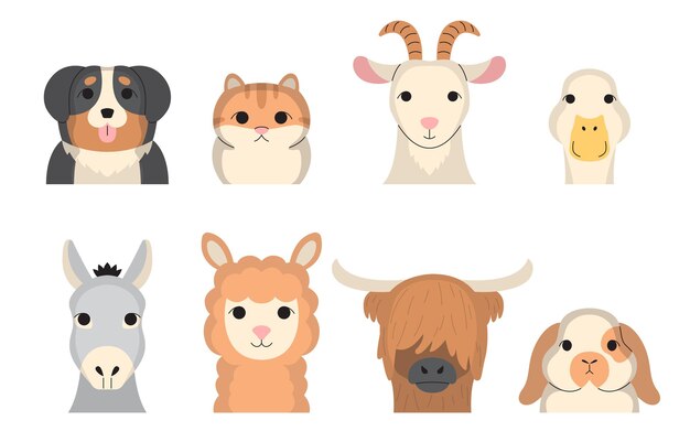 Лицо различных животных с собакой, кошкой, овцой, гусями, лошадью, ослом и кроликом с ручным рисунком персонажей мультфильмов на белом фоне Векторная иллюстрация