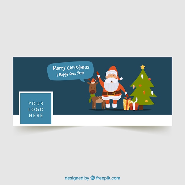 Facebook cover with a reindeer, christmas tree and santa claus