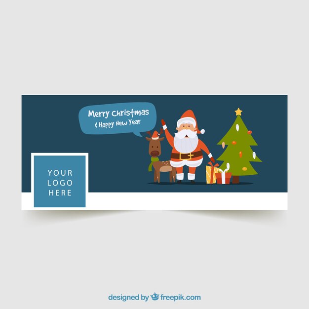 Facebook обложка с оленями, рождественская елка и Санта-Клаус