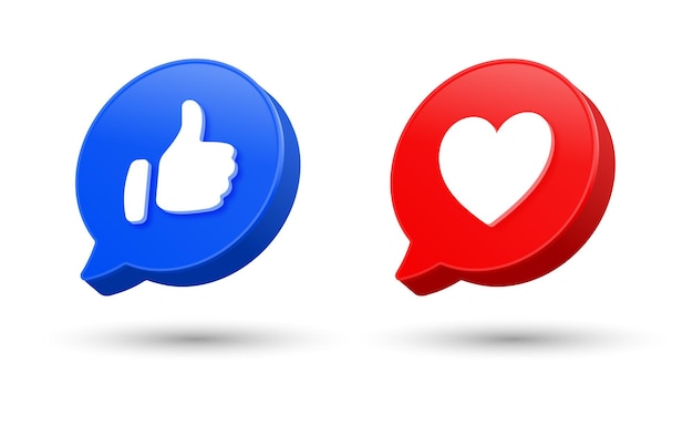 소셜 미디어 알림 아이콘을 위한 3d 둥근 말풍선 버튼의 facebook 좋아요 및 사랑 아이콘