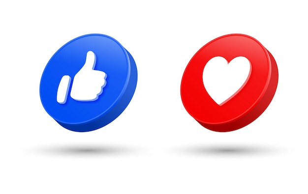 Facebook like and love icon in 3d round circle button for social media notification icons
