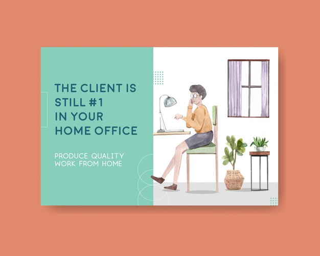 Facebook template design with people are working from home. Home office concept watercolor illustration