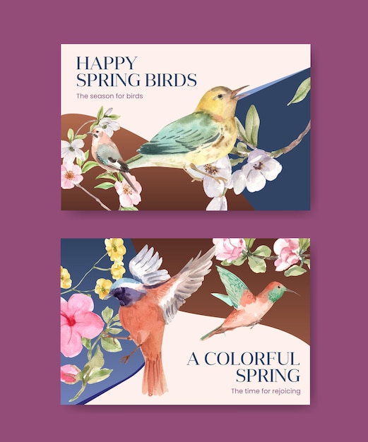 Free vector facebook template set with birds and spring concept