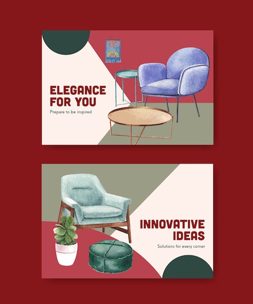 Free vector facebook template set with luxury furniture in watercolor style