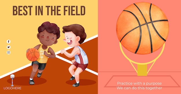 Vettore gratuito modello di facebook con concetto di sport americano per bambini in stile acquerello