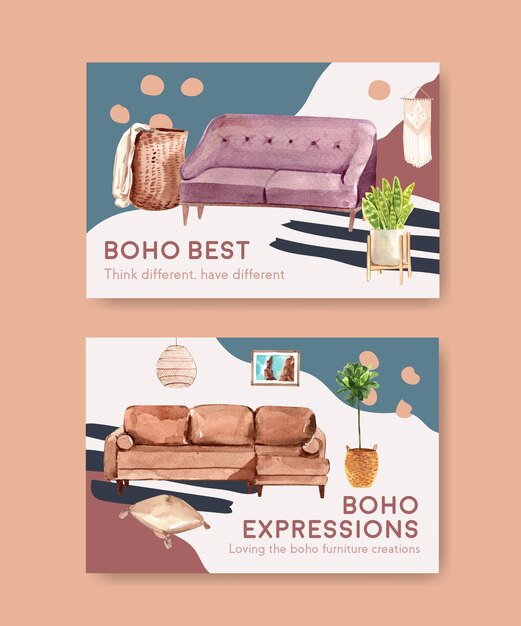 ソーシャルメディアとオンラインマーケティングの水彩イラストのための自由奔放に生きる家具のコンセプトデザインのfacebookテンプレート