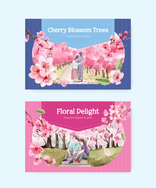 ソーシャルメディアとコミュニティの水彩イラストのための桜のコンセプトデザインのfacebookテンプレート