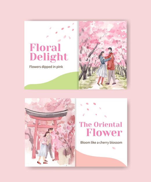 Free vector facebook template with cherry blossom concept design for social media and community watercolor illustration