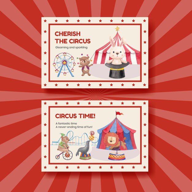 Modello di facebook con luna park del circo in stile acquerello