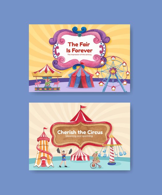 Facebook template with circus funfair in watercolor style