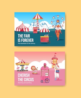 Facebook template with circus funfair in watercolor style