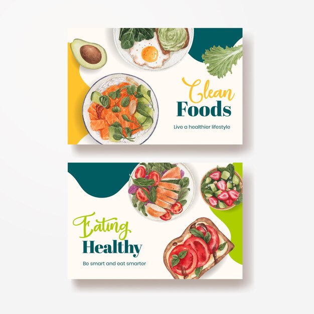 健康食品のコンセプト、水彩スタイルのFacebookテンプレート