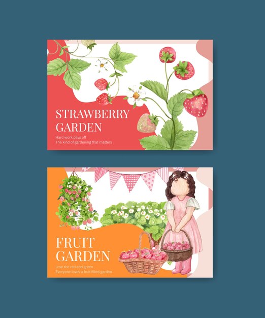 Facebook template with strawberry harvest conceptwatercolor stylexDxA