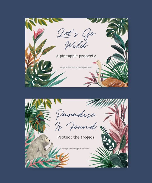 Facebook template with tropical contemporary concept design for social media and online marketing watercolor illustration