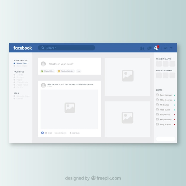 Interfaccia web di facebook con design minimalista