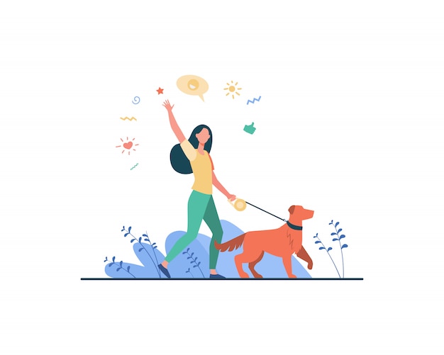 Free vector faceless happy woman walking with dog in park