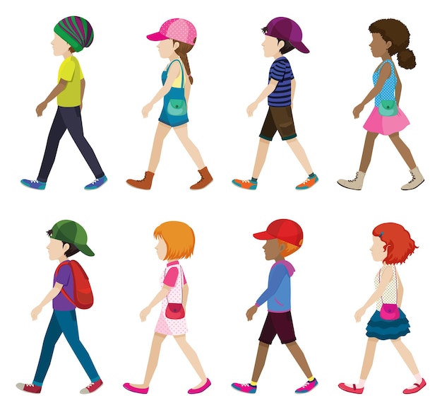 Free vector faceless young girls and boys walking