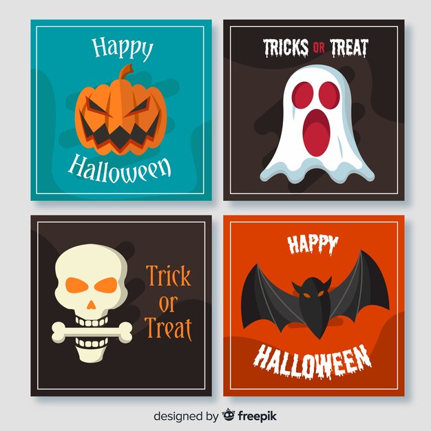Faces of spooky halloween creatures flat cards