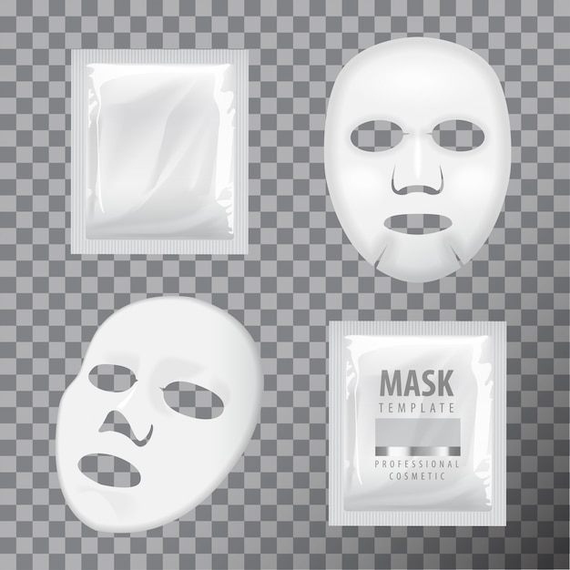 Facial sheet mask and sachet. blank vector mock up template.