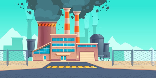 Factory building with black smoke from chimneys