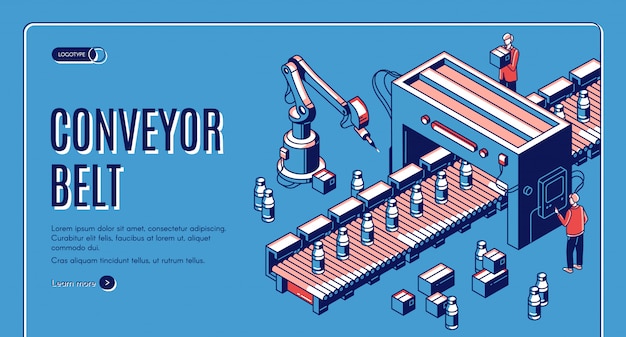 공장 컨베이어 벨트 아이소 메트릭 랜딩 페이지. 운송업자 라인에서 우유 병 생산을 포장하는 로봇 팔. 자동화, 스마트 산업용 로봇 어시스턴트.