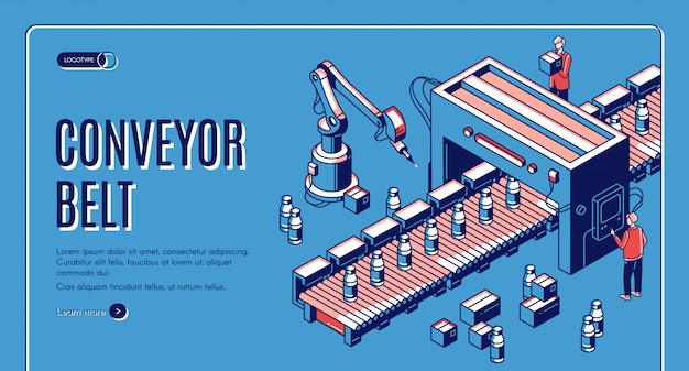 Factory conveyor belt isometric landing page. Robotic arms packing milk bottles production on transporter line. Automation, smart industrial robot assistants.