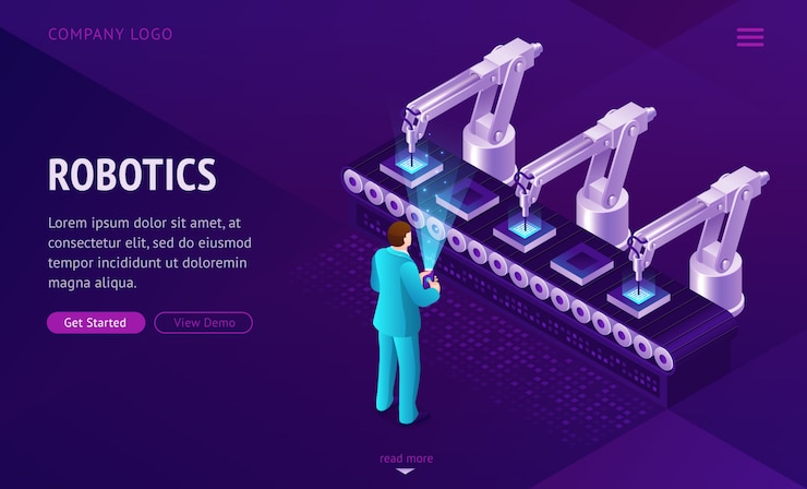 Free Vector factory conveyor belt landing page. robotics arms.