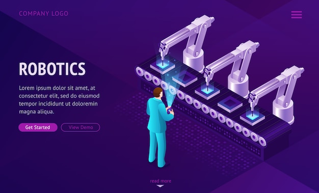 공장 컨베이어 벨트 랜딩 페이지. 로봇 팔.