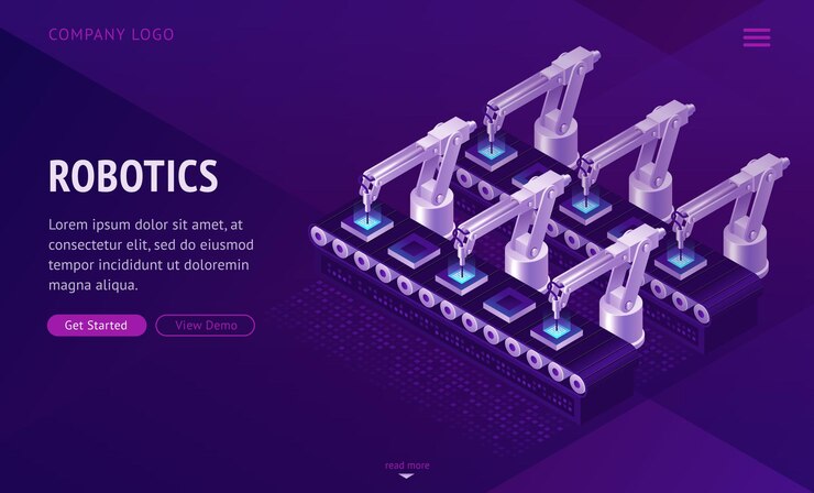 Free Vector factory conveyor belt landing page. robotics arms.
