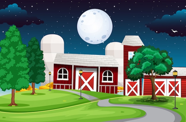 Factory farm scene with big moon at night