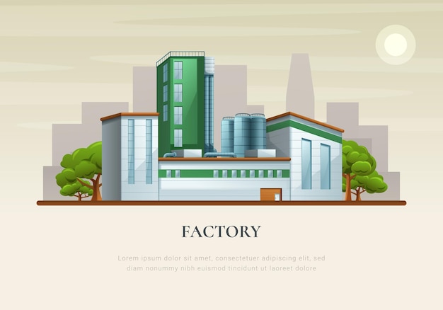 Free vector factory flat poster with industrial buildings in green and blue colors at city skyscrapers gray silhouettes background vector illustration