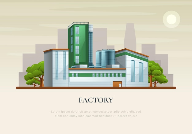 Factory flat poster with industrial buildings in green and blue colors at city skyscrapers gray silhouettes background vector illustration