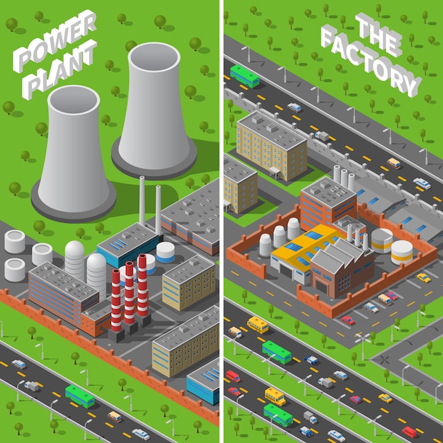 Free vector factory plant industrial isometric vertical banners