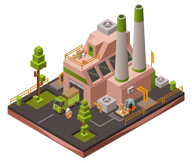 Factory plant isometric 3D or map industrial zone with loader forklift trucks 