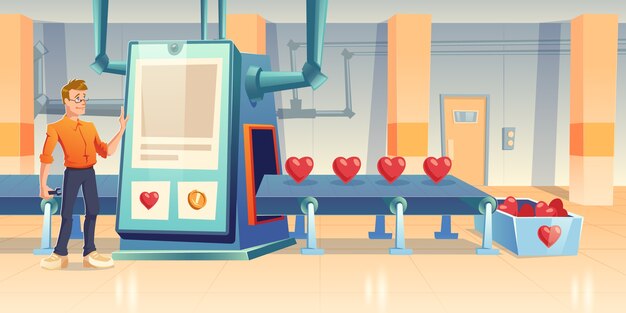 Factory producing hearts, engineer male character with wrench stand at conveyor belt with huge touch screen and processing line. Love or like manufacturing technology, Cartoon illustration