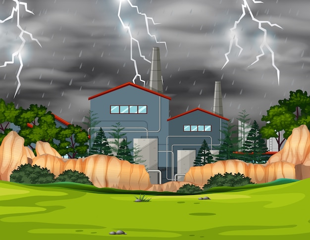 Free vector factory in storm in a park