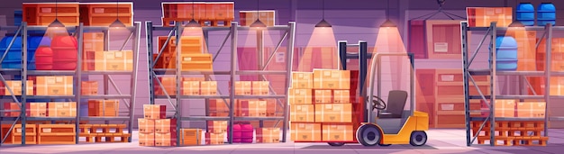 Free vector factory warehouse interior and cargo storage vector background forklift holding box in store office hangar logistic stockroom inside cartoon design illustrated storehouse with container on shelves