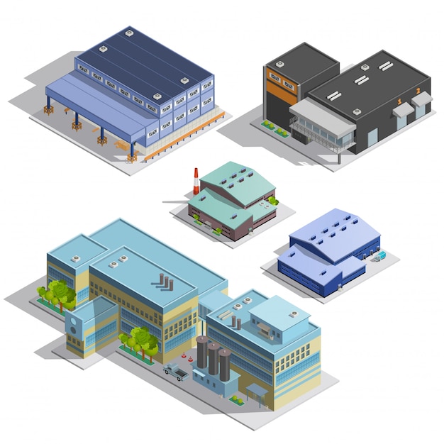 Factory warehouse isometric images set