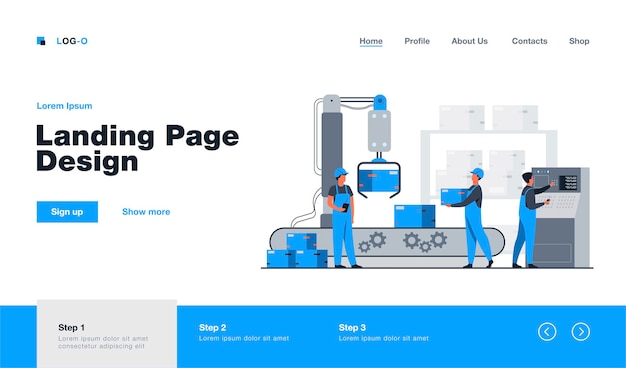 Factory workers and robotic arm removing packages from conveyor line. Engineer using computer and operating process.  illustration for business, production, machine technology concepts  landing page