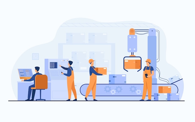 Factory workers and robotic arm removing packages from conveyor line. Engineer using computer and operating process. Vector illustration for business, production, machine technology concepts