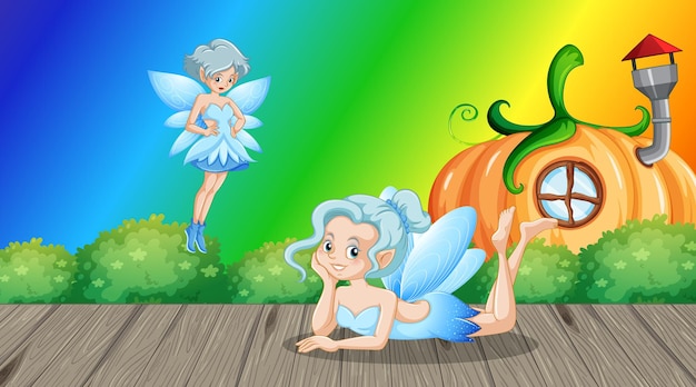 Fairies cartoon character on rainbow gradient background