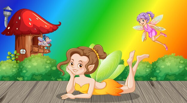 虹のグラデーションの背景に妖精の漫画のキャラクター