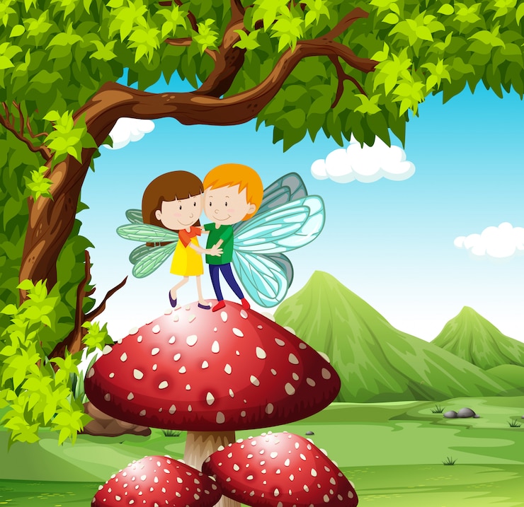 Free Vector fairies flying on the mushroom