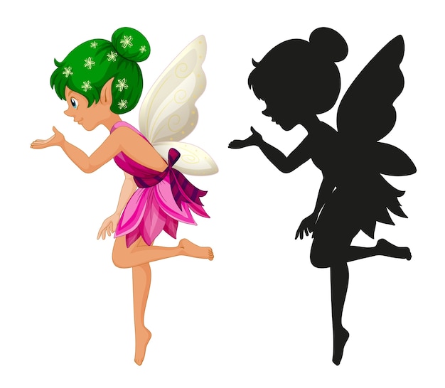 Free vector fairy characters and its silhouette on white background