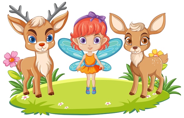 Free vector fairy girl with deer in cartoon style