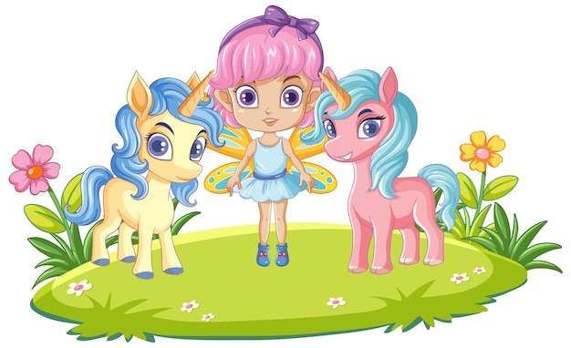 Free vector fairy girl with unicorn in cartoon style