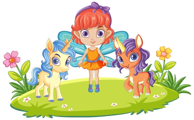 Free vector fairy girl with unicorn in cartoon style