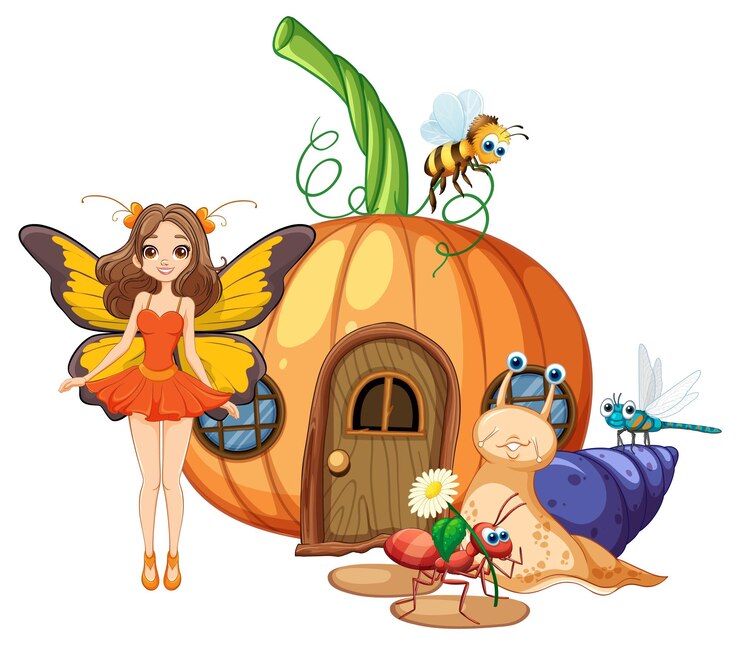 Free Vector fairy and insects by pumpkin house