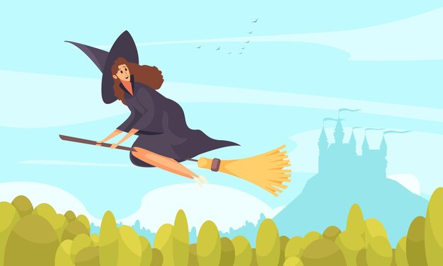 ほうきで飛ぶハロウィーン魔女のイラスト 無料のベクター