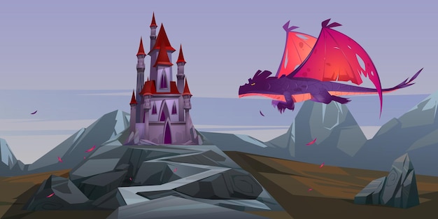 Fairy tale castle and flying dragon with red wings in wasteland mountain valley